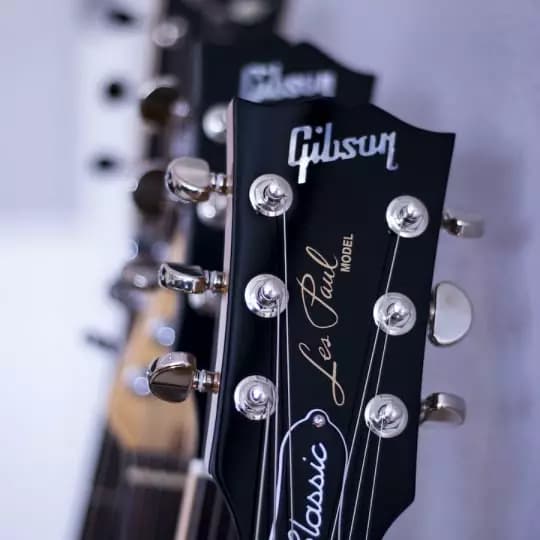 Row of Gibson Les Paul headstocks hanging on a guitar wall