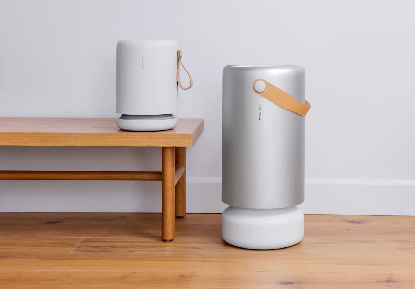 Molekule Air and Air Mini purifiers beside a wooden bench